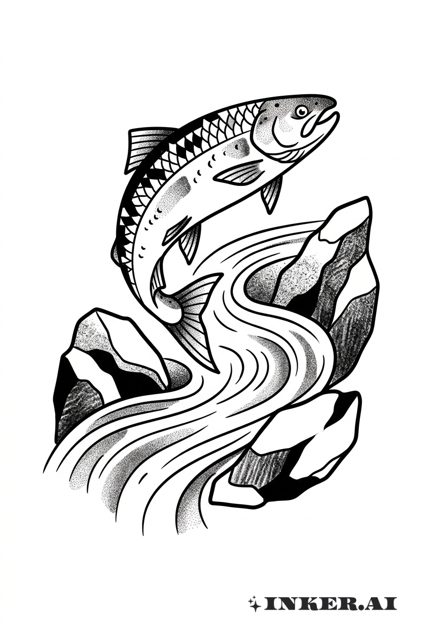 Salmão em Correnteza Preto e Cinza