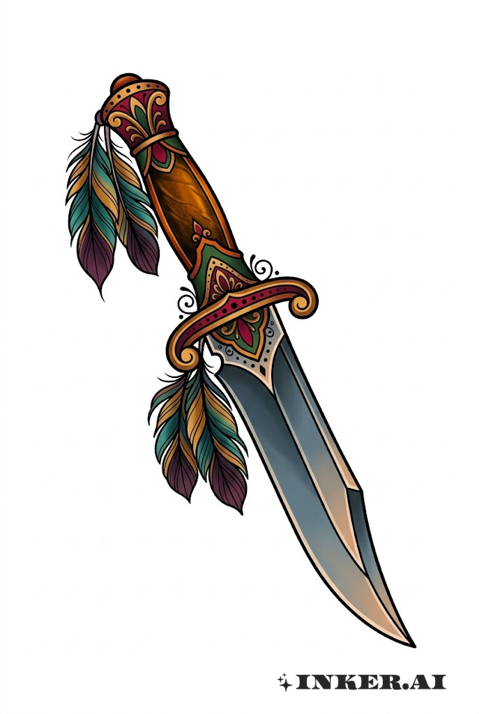 Couteau avec Poignée Ornementée et Plumes