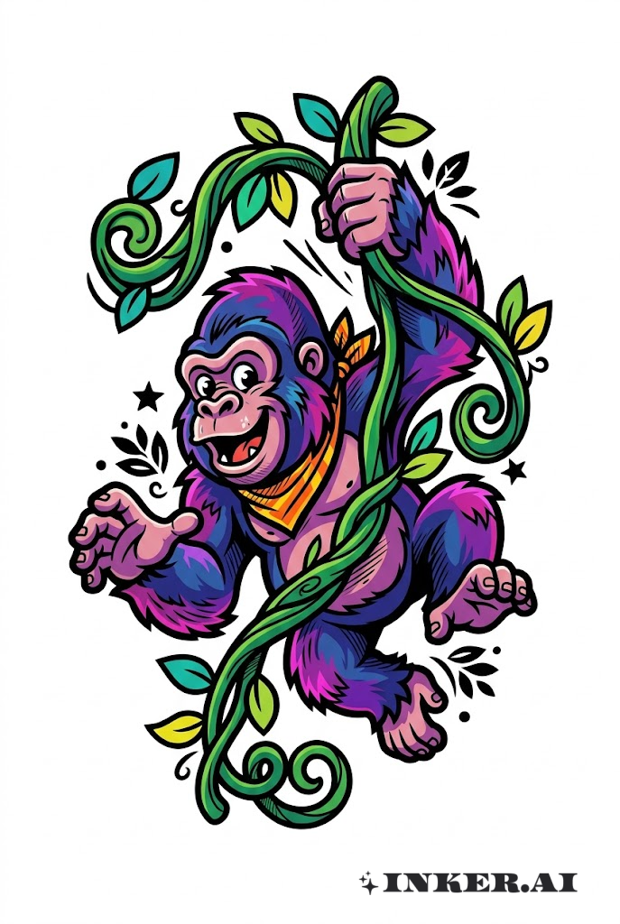 Verspielter Gorilla schwingt an Lianen