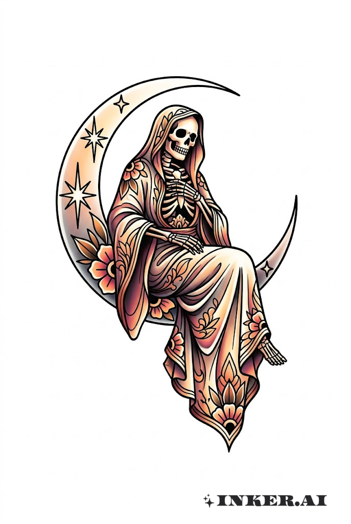 Santa Muerte assise sur la lune en croissant