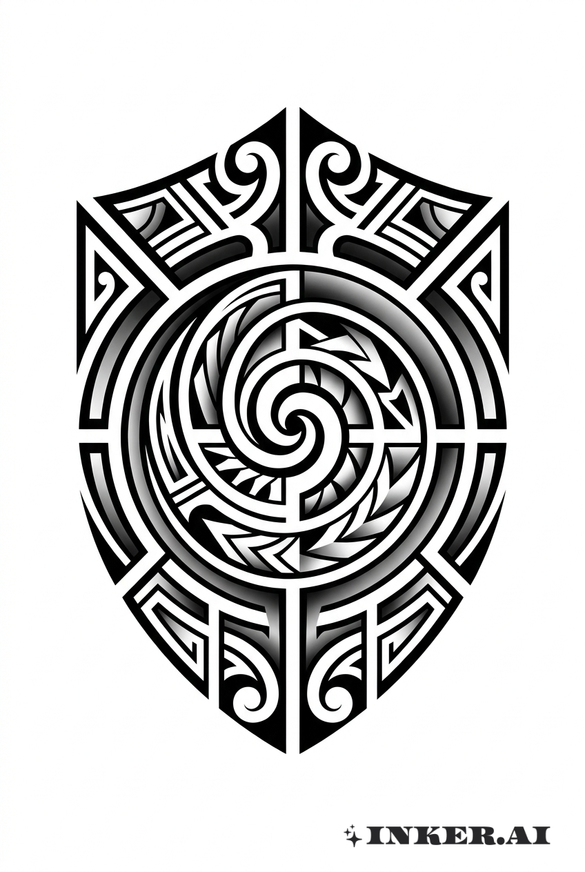 Spirale Géométrique Maori sur Bouclier