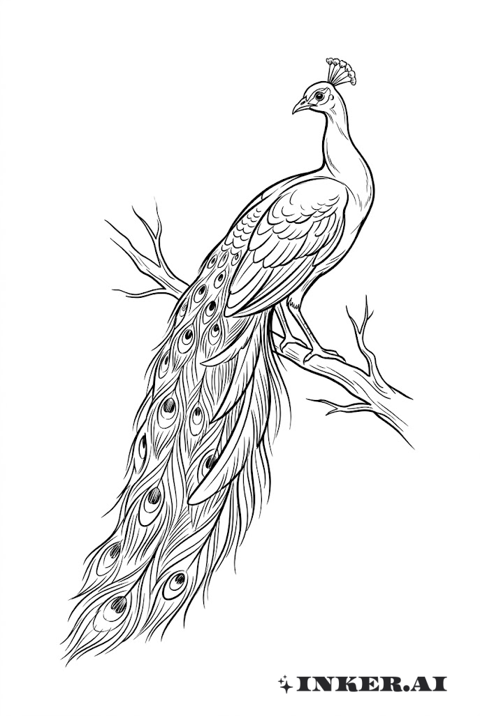Paon esquissé perché sur une branche