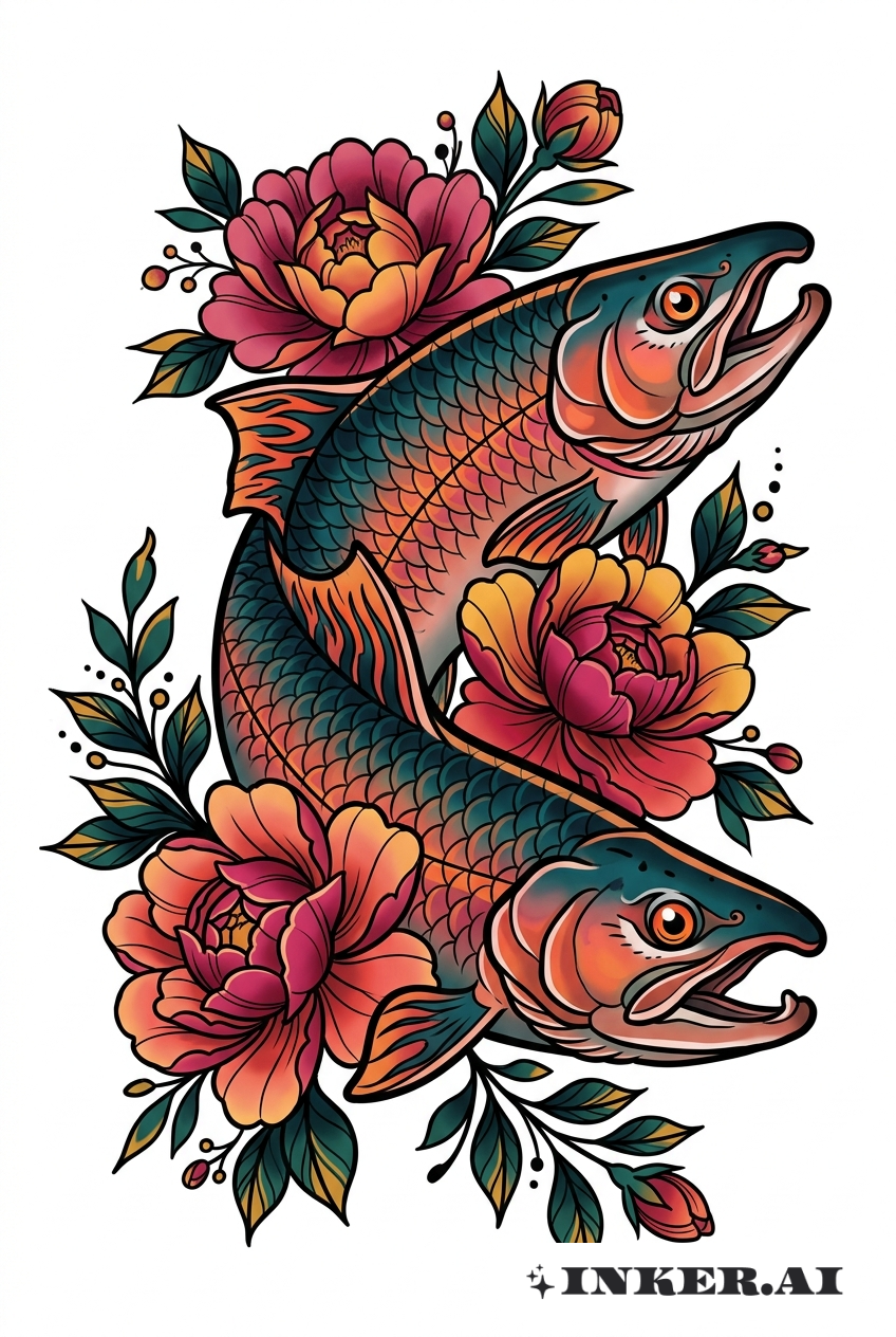 鲜花新传统风格的三文鱼
