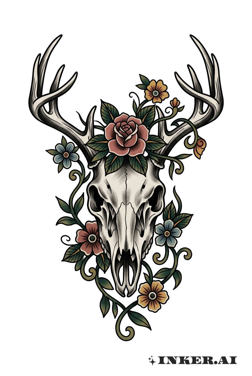 Buck Skull with Flowers Traditional Tattoo