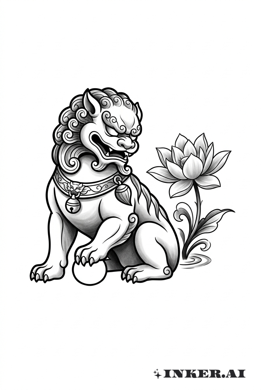 Leão de Fu com lótus em flor
