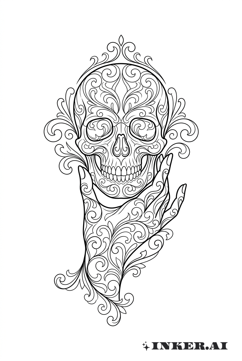 Totenkopf-Hand mit filigranen Wirbeln