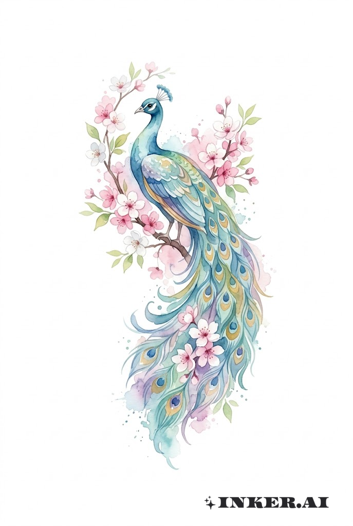 Aquarell-Pfau mit Blüten