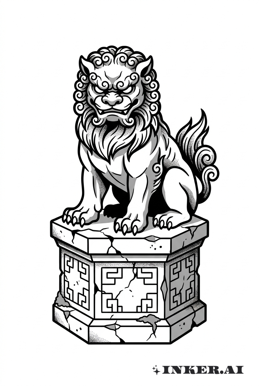 Leão de Fu sobre pedestal de pedra ancestral