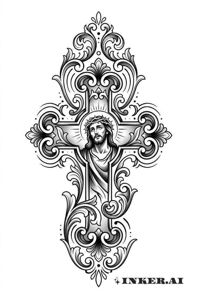 Hình xăm thánh giá họa tiết với Chúa Jesus