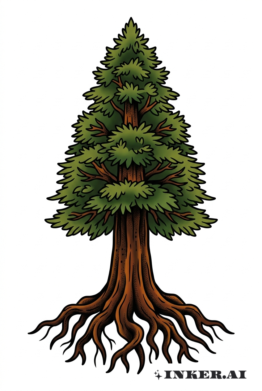 太い根を持つレッドウッドの木