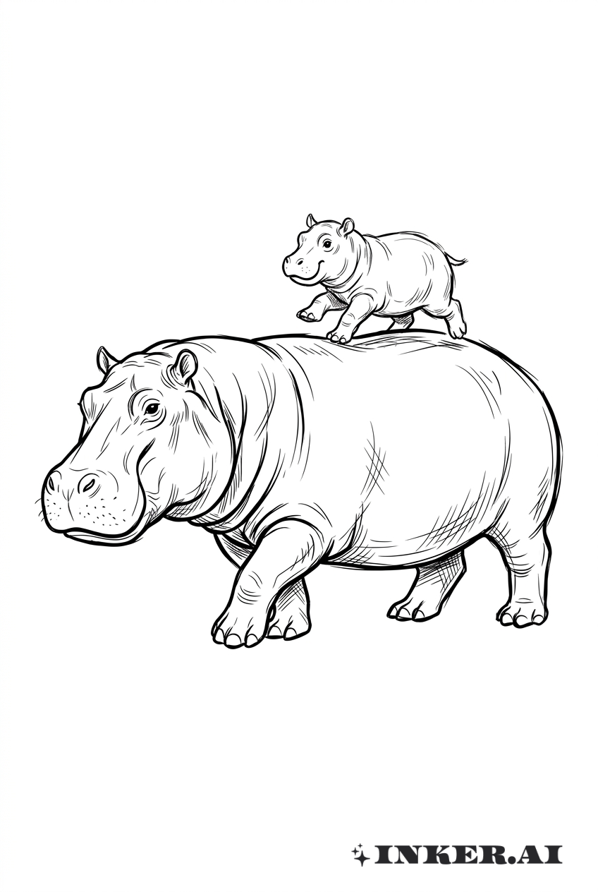 Nilpferd-Skizze mit verspieltem Jungtier