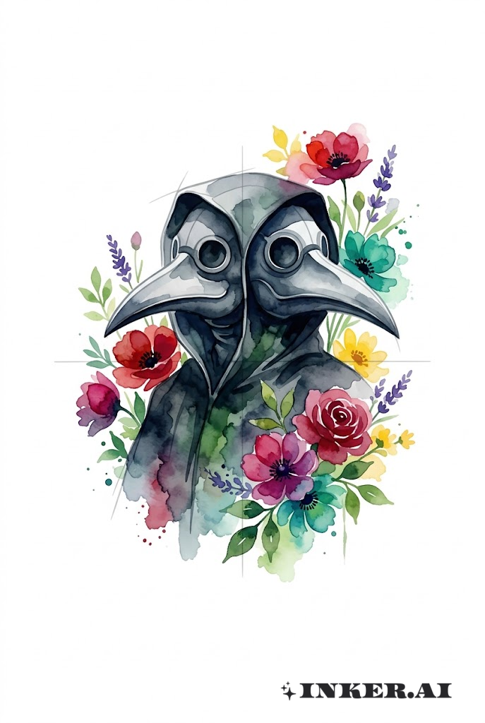 Ätherischer Aquarell-Pestdoktor mit blühenden Blumen