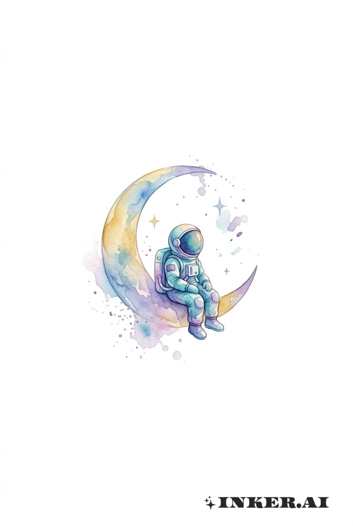 Watercolor Astronaut Sitting on Moon