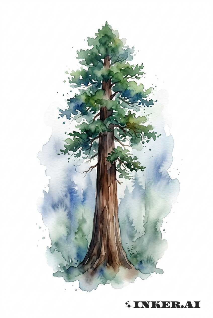 水彩红杉树与薄雾景象