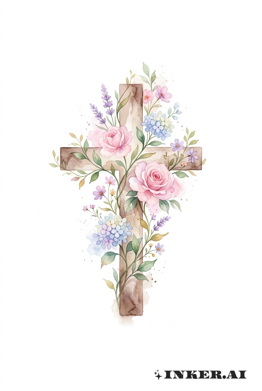 水彩信仰十字架と花のデザイン