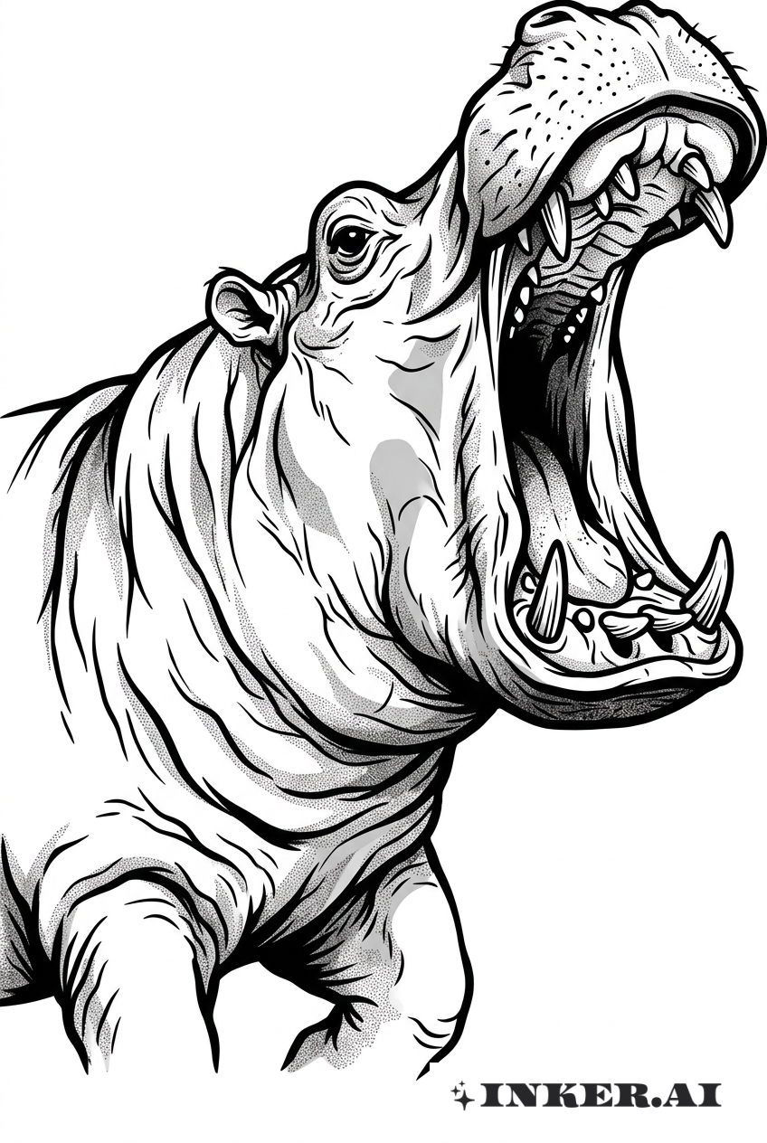 Majestätisches brüllendes Nilpferd Schwarz und Grau