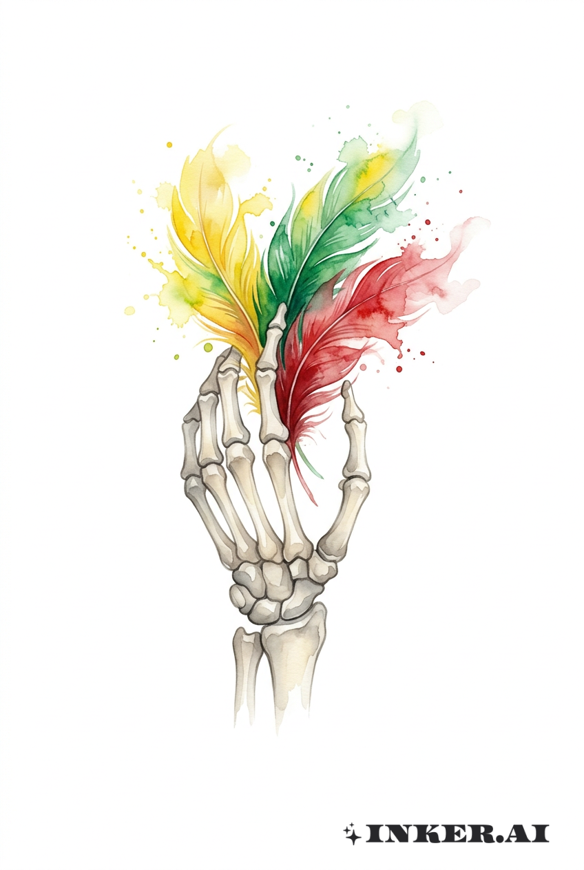 물감 깃털을 든 해골 손