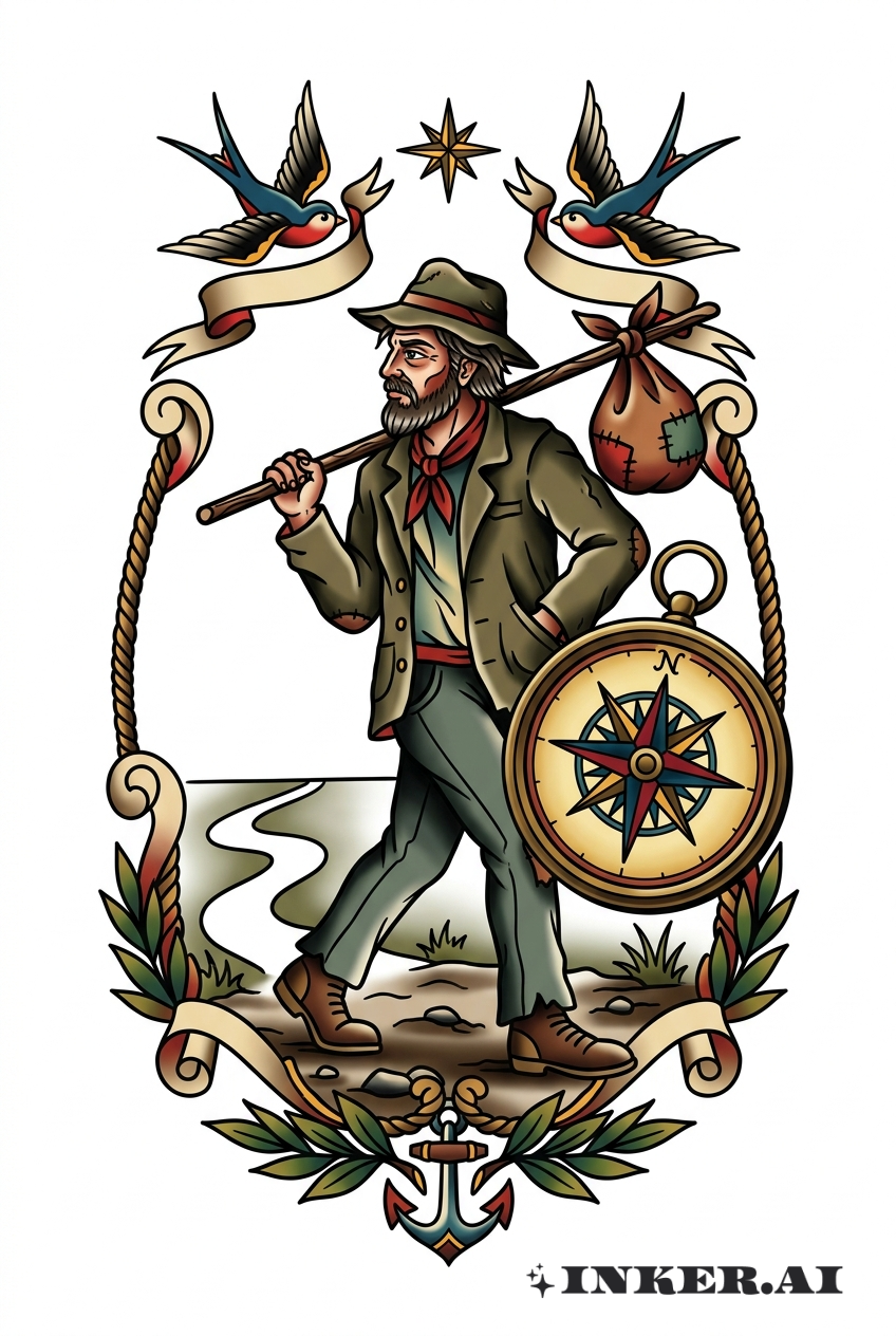 Vagabundo com Rosa dos Ventos Tatuagem Tradicional