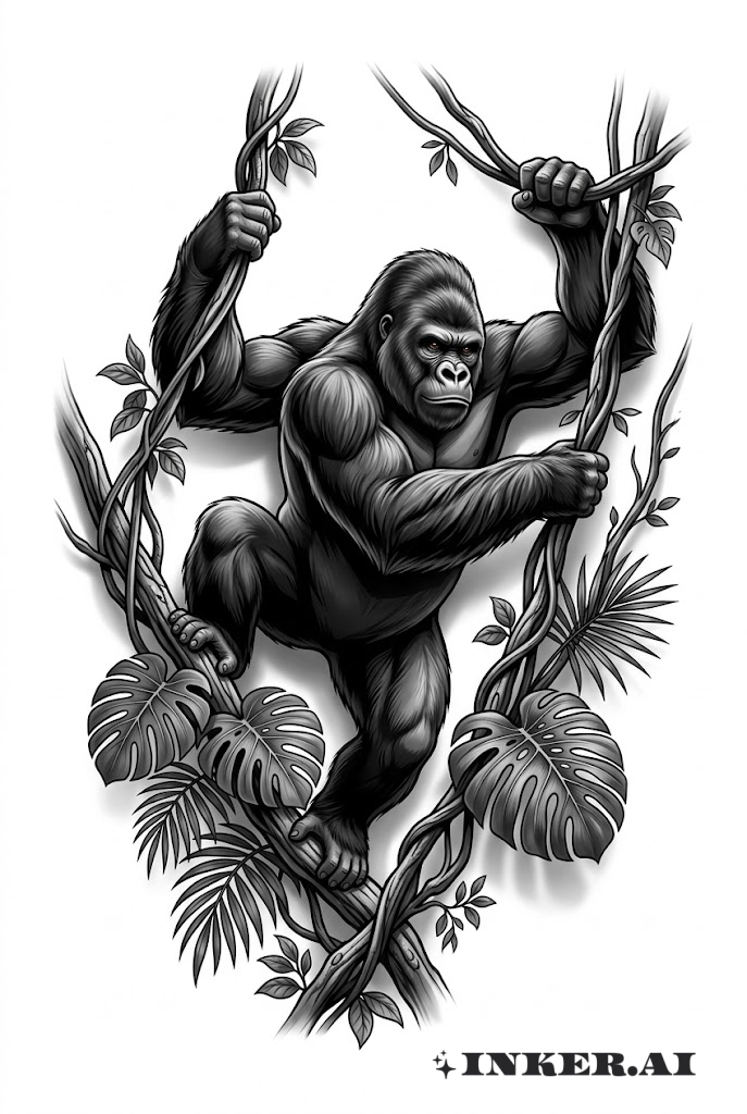 3D-Gorilla Klettert an Lianen