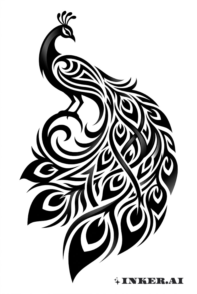 Pavão Tribal com Plumagem em Espiral