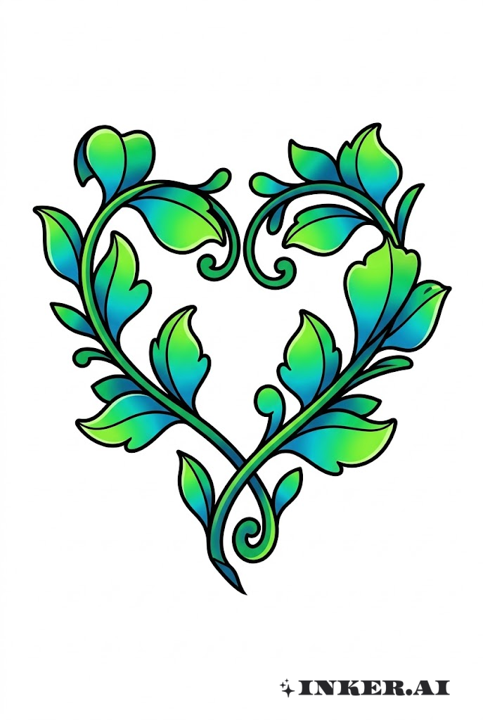 一个新学派风格的纹身，展现了交织的、色彩鲜艳的藤蔓形成心形，并配有精致的花卉装饰。