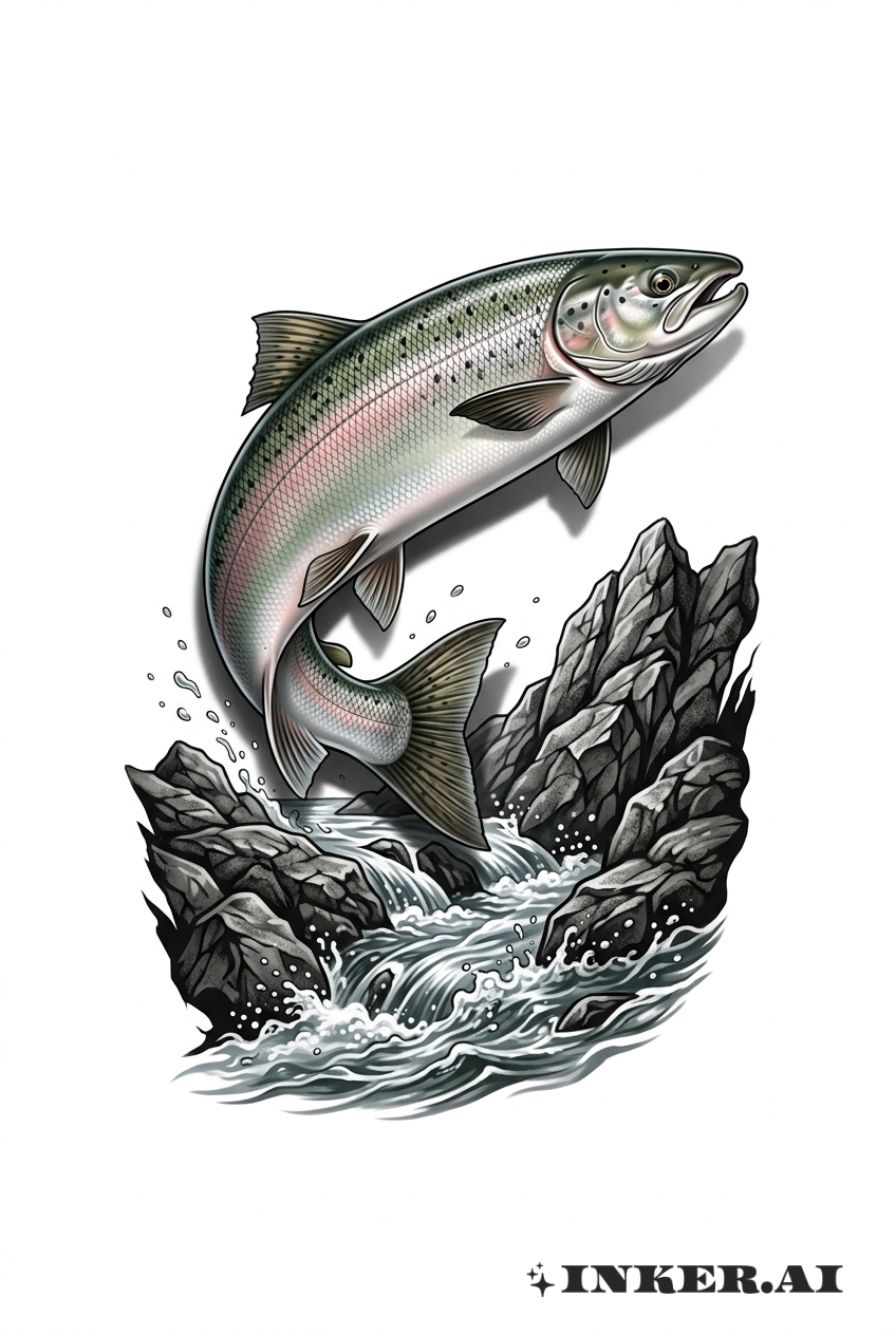 Efeito 3D Salmão Saltando sobre Rochas