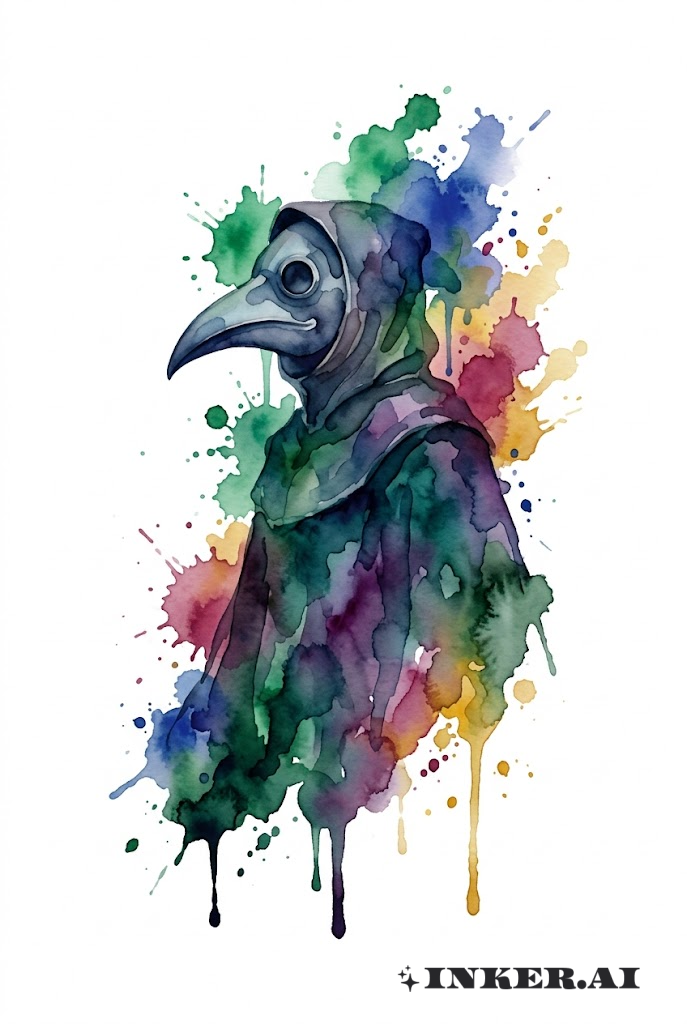 Aquarell Pestdoktor inmitten abstrakter Farbspritzer