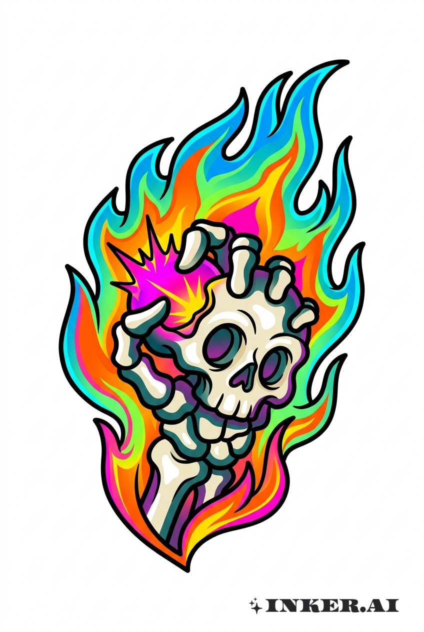 Schädelhand mit Neonflammen