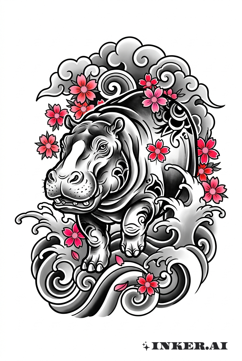 Japanisches Nilpferd mit Kirschblüten