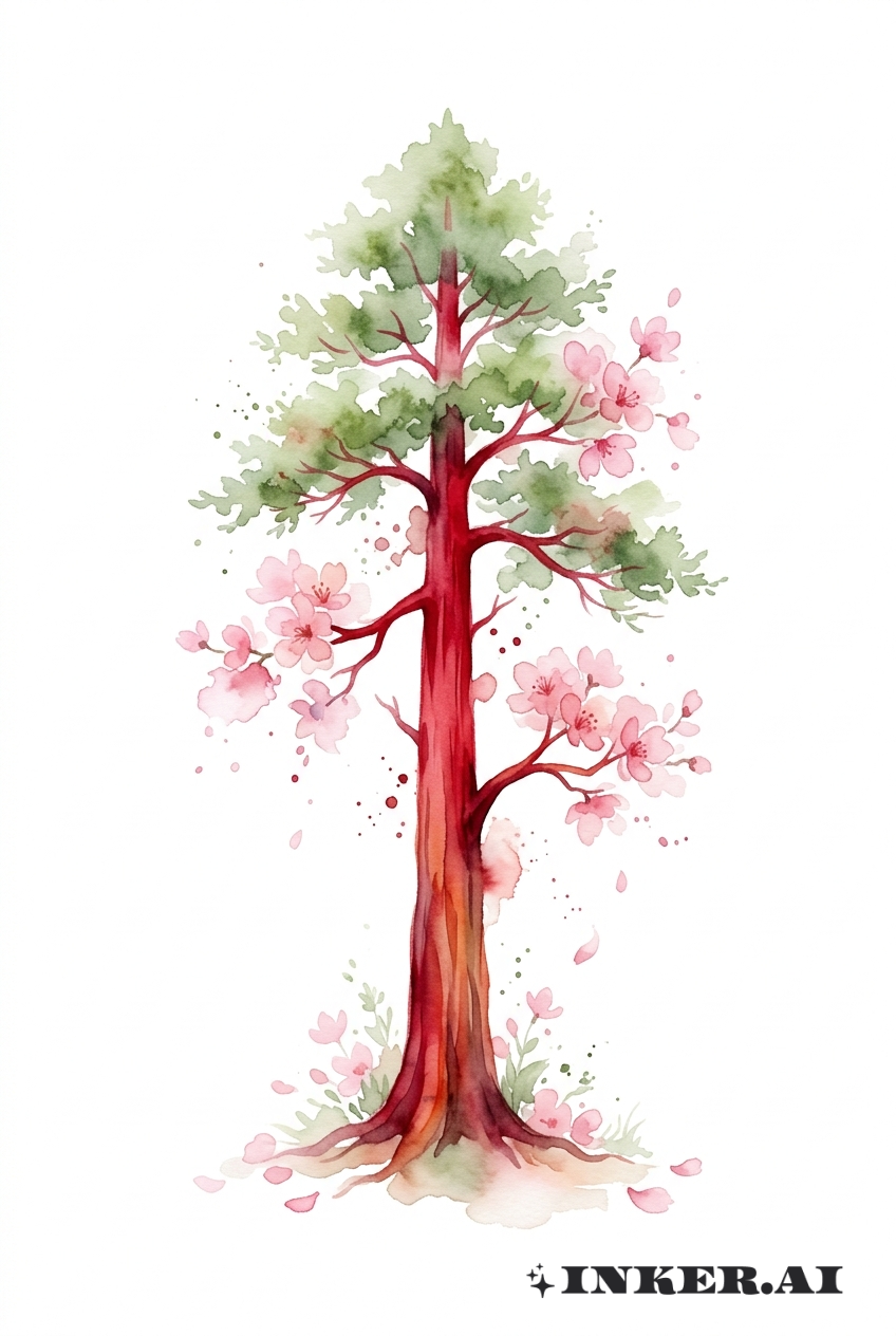 绽放花朵的深红红杉树