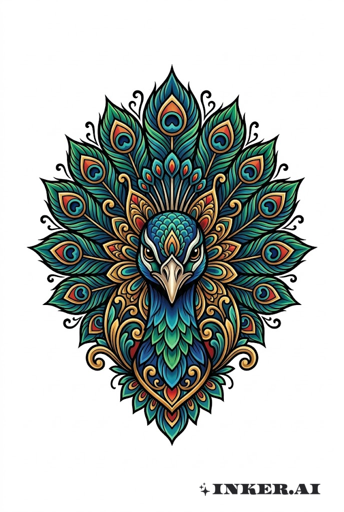 Cabeça de Pavão com Plumagem Ornamentada