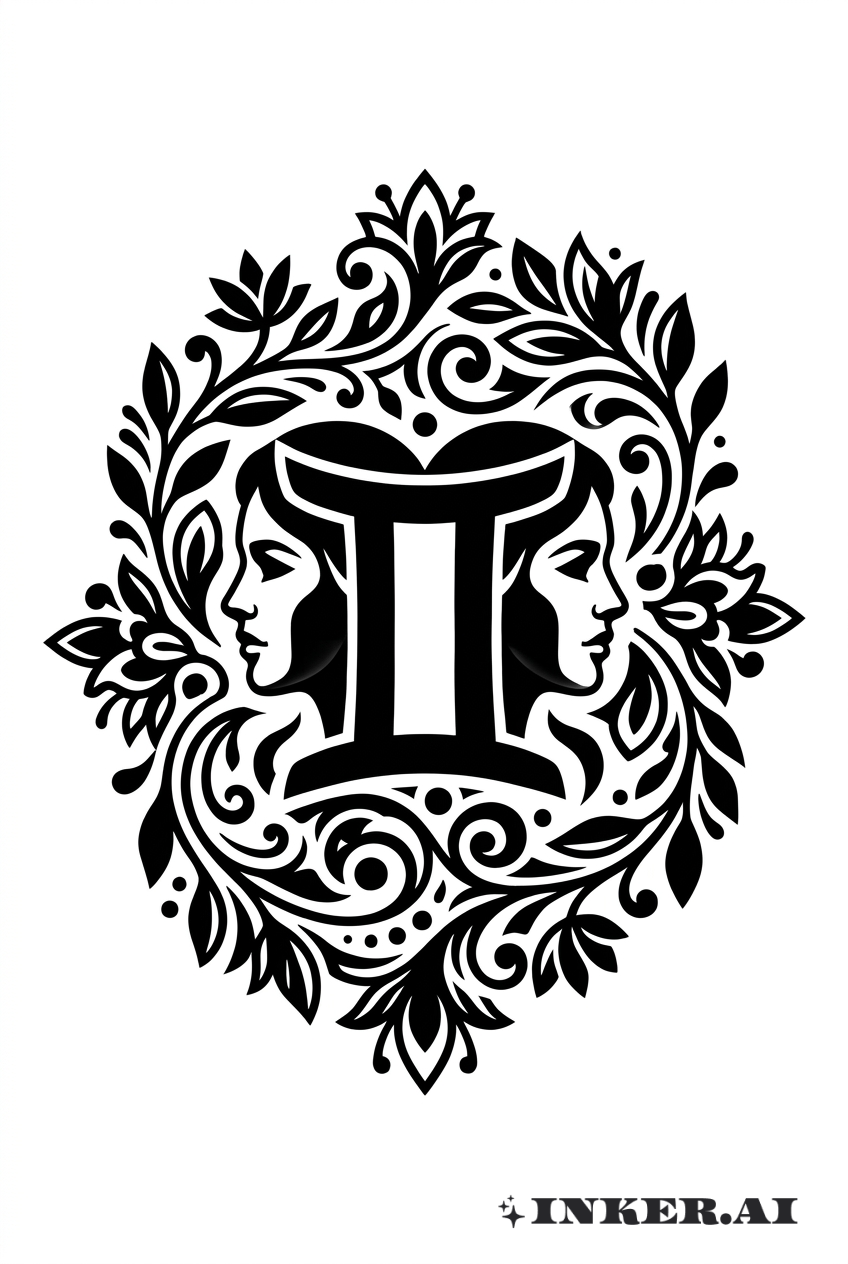 雙子座象徵與黑工花紋設計