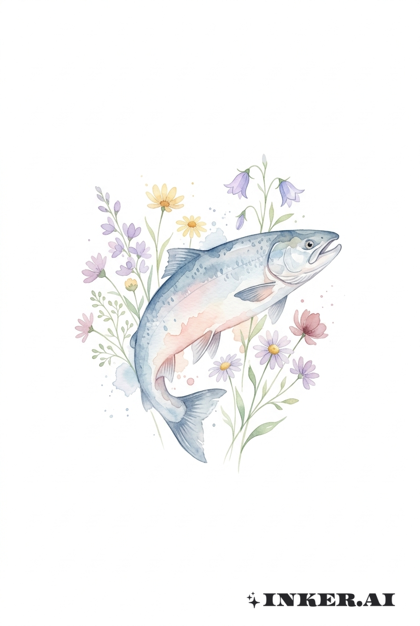Saumon et Fleurs Sauvages en Aquarelle