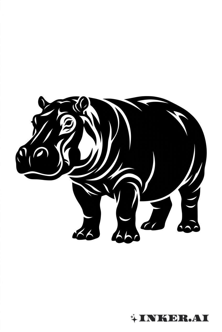 Majestätische Blackwork-Hippo-Silhouette