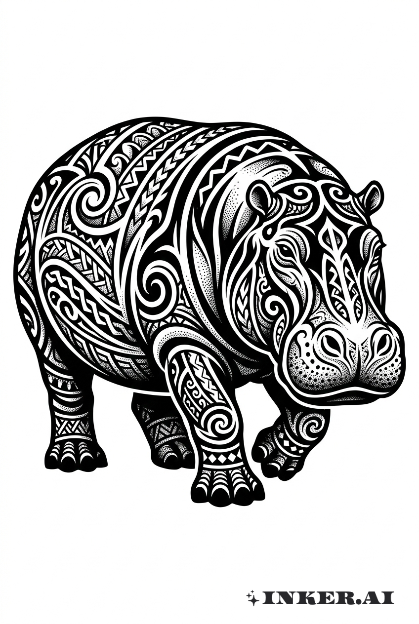 Blackwork-Hippo mit Stammesmustern