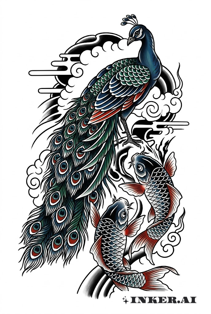 波と鯉の中の孔雀