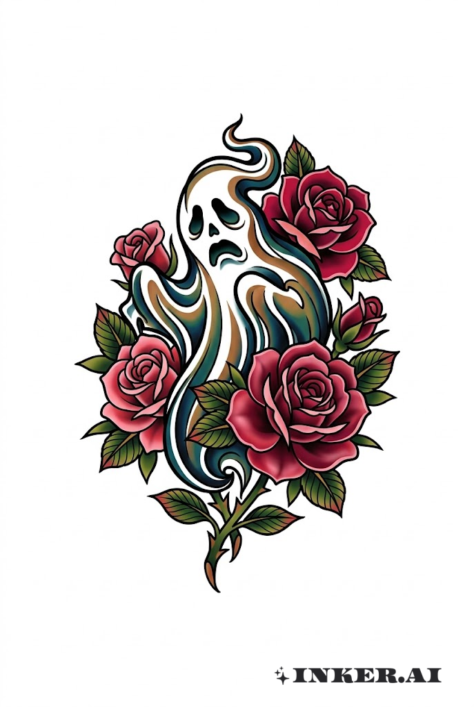 Floating Ghost with Rose Tattoo
