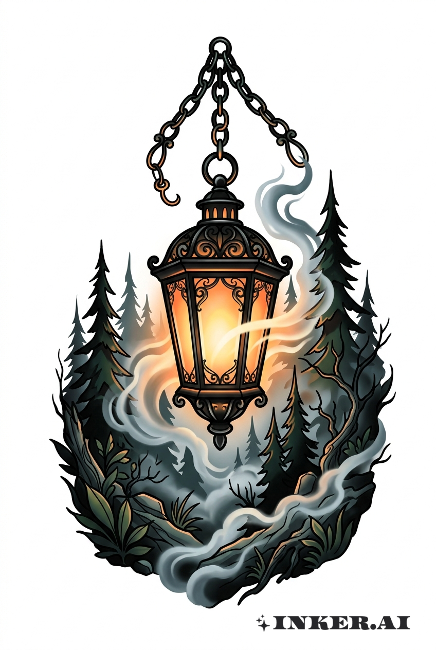 霧森林中的黑色燈籠