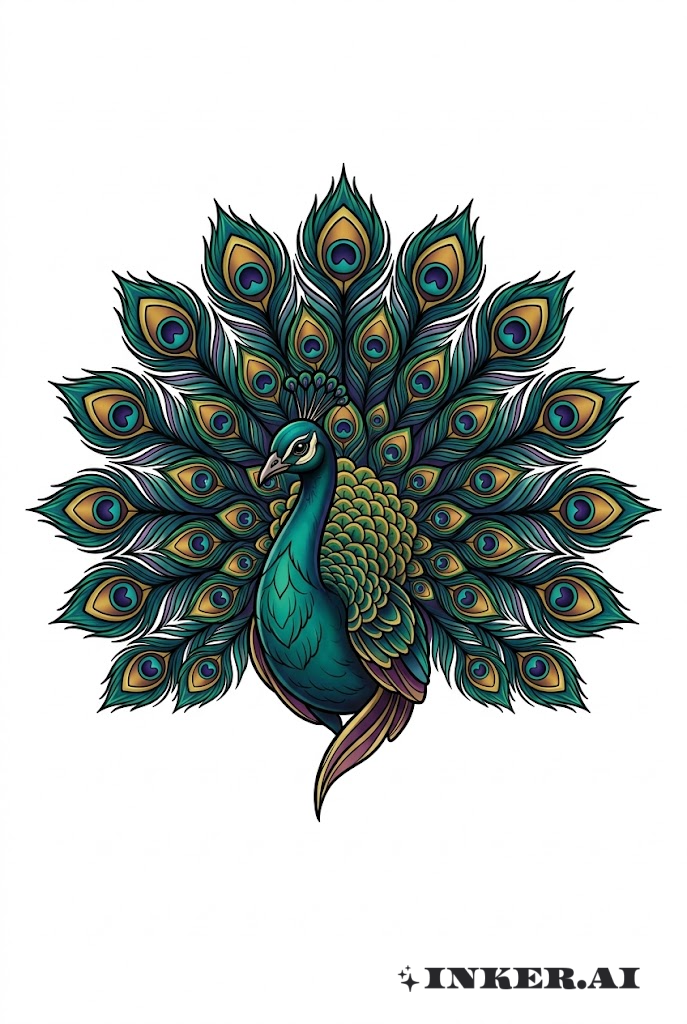 Paon néo-traditionnel arborant sa pleine splendeur