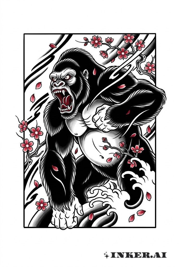 Japanischer Gorilla im Kirschblütensturm