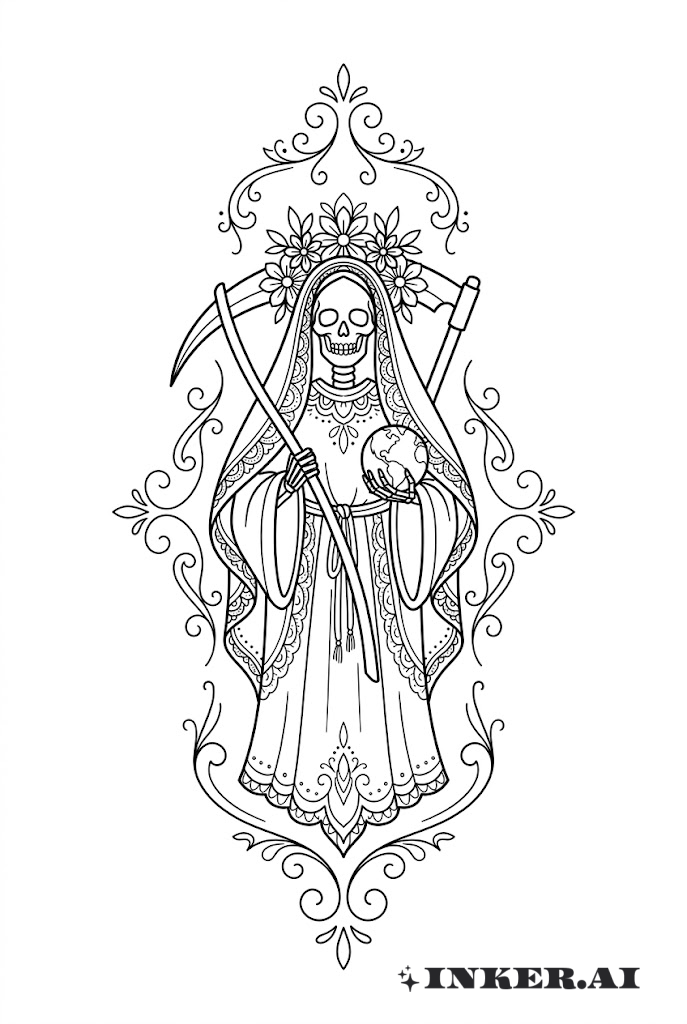 佩戴花卉皇冠的装饰风圣死女神