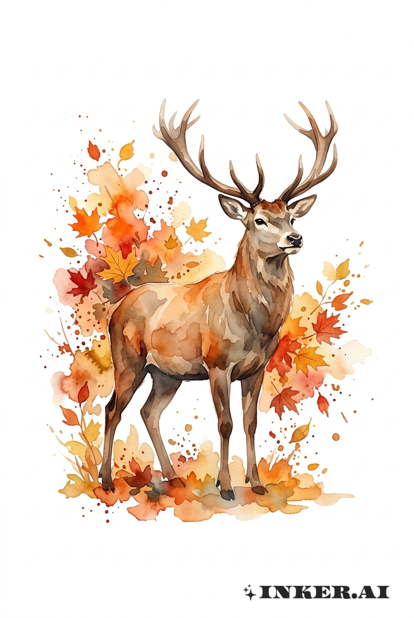 Watercolor Buck in Autumn Forest