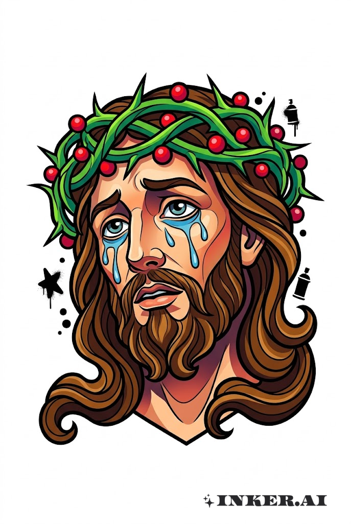 一个充满色彩的卡通风格耶稣，戴着一顶有趣的荆棘冠，用粗线条和鲜艳的色彩呈现。