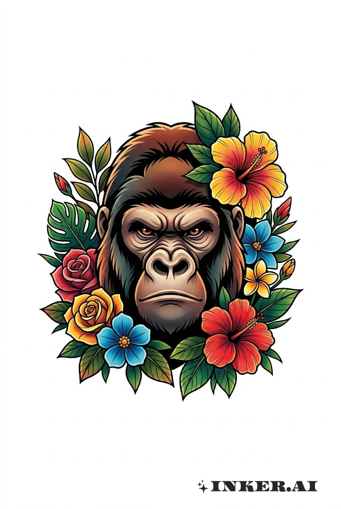 Gorilla-Gesicht mit Blumenrahmen