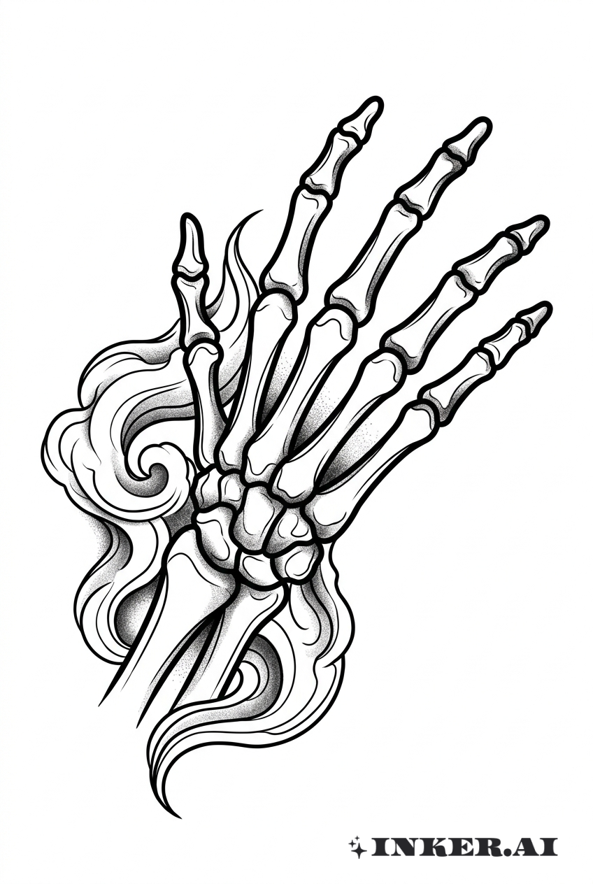 Schädelhand, die sich durch Rauch erstreckt