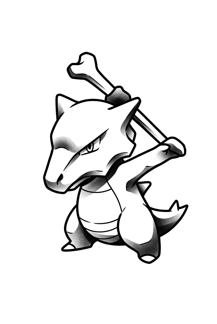 Cubone en posture de combat en niveaux de gris