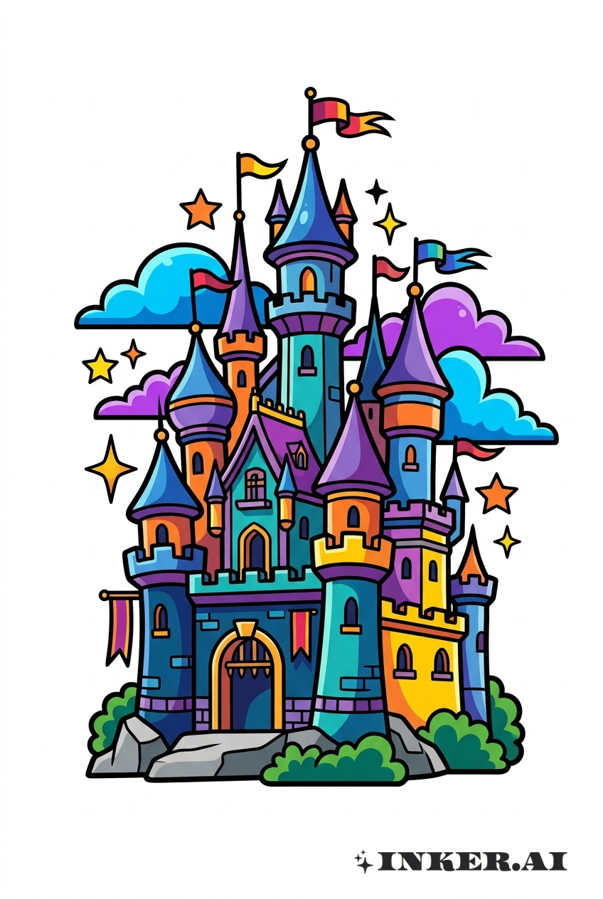 一座充满活力且风格化的城堡,具有动态的形状、鲜艳的色彩以及奇幻的元素,被充满趣味的细节环绕。