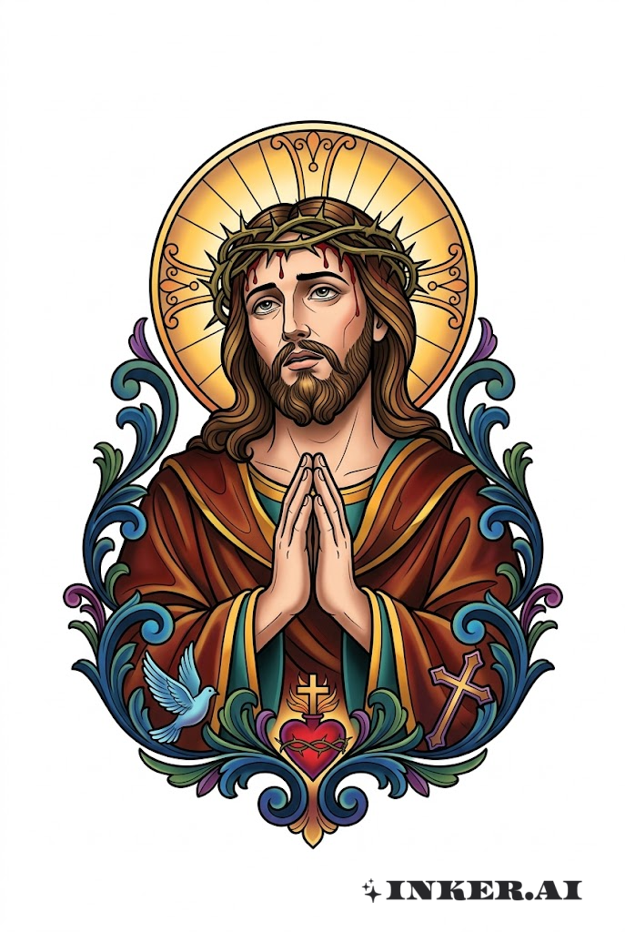 Jesus Praying Hands and Halo