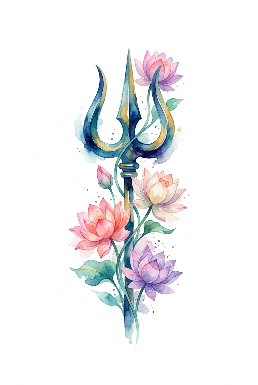 Trishul aquarelle avec Lotus
