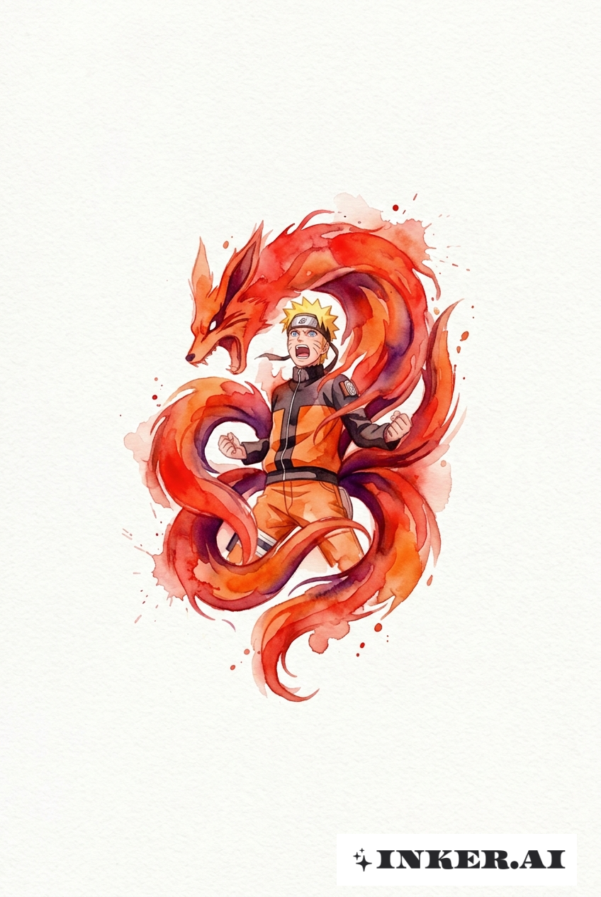 Aquarell: Chakra-Ausbruch des Neunschwänzigen
